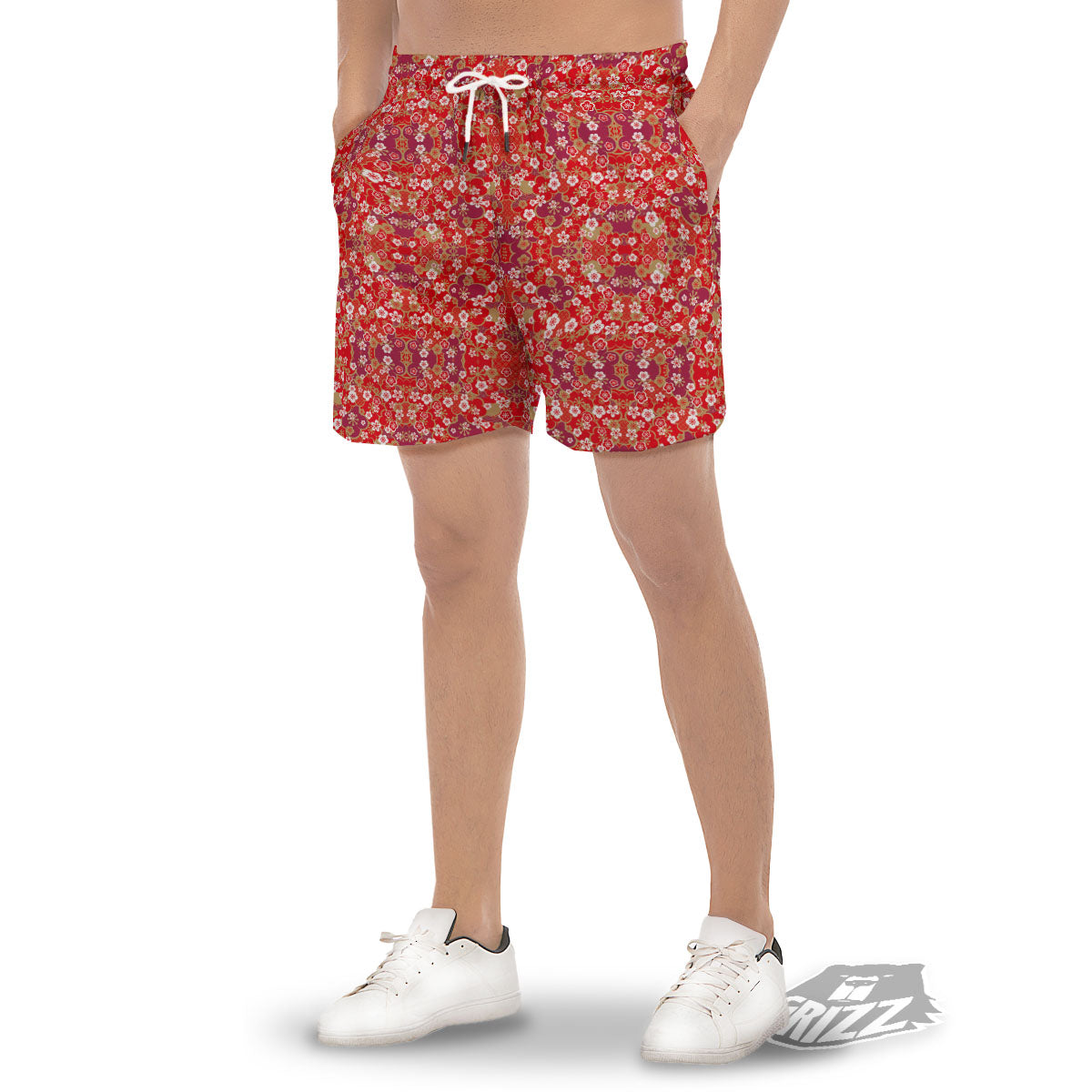 Kimono Flower Print Pattern Men's Gym Shorts-grizzshop