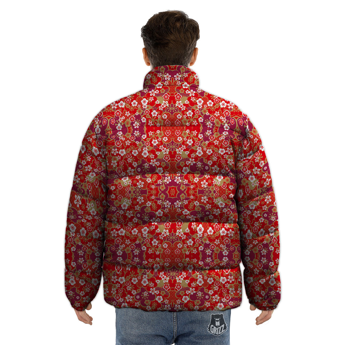 Kimono Flower Print Pattern Puffer Jacket-grizzshop