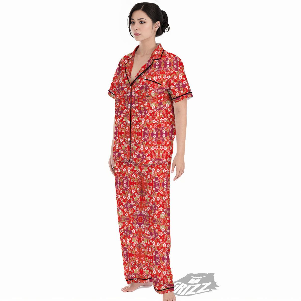 Kimono Flower Print Pattern Women's Pajamas Set-grizzshop