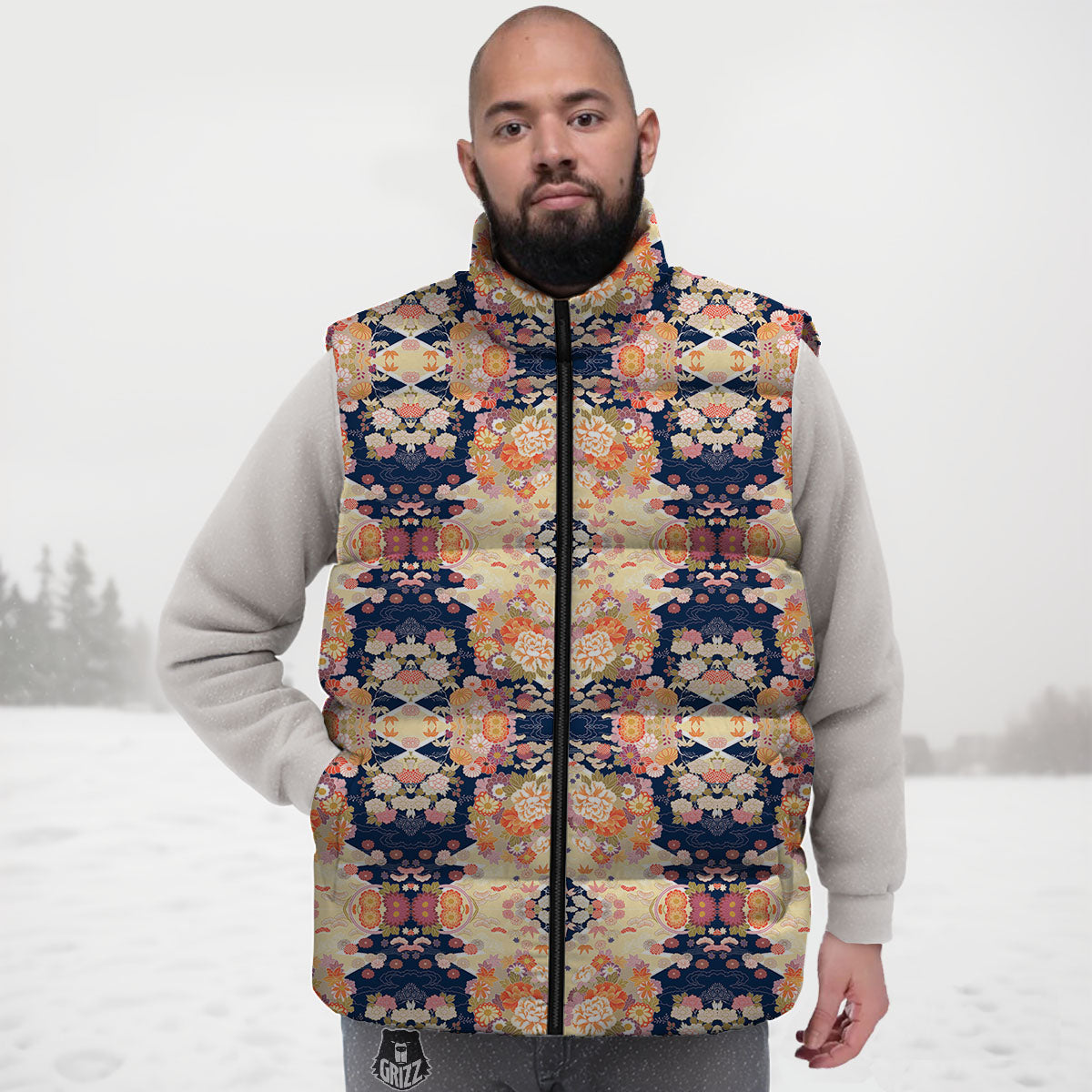 Kimono Japanese Print Pattern Down Vest