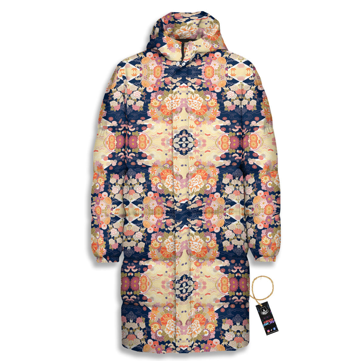 Kimono Japanese Print Pattern Long Down Jacket-grizzshop