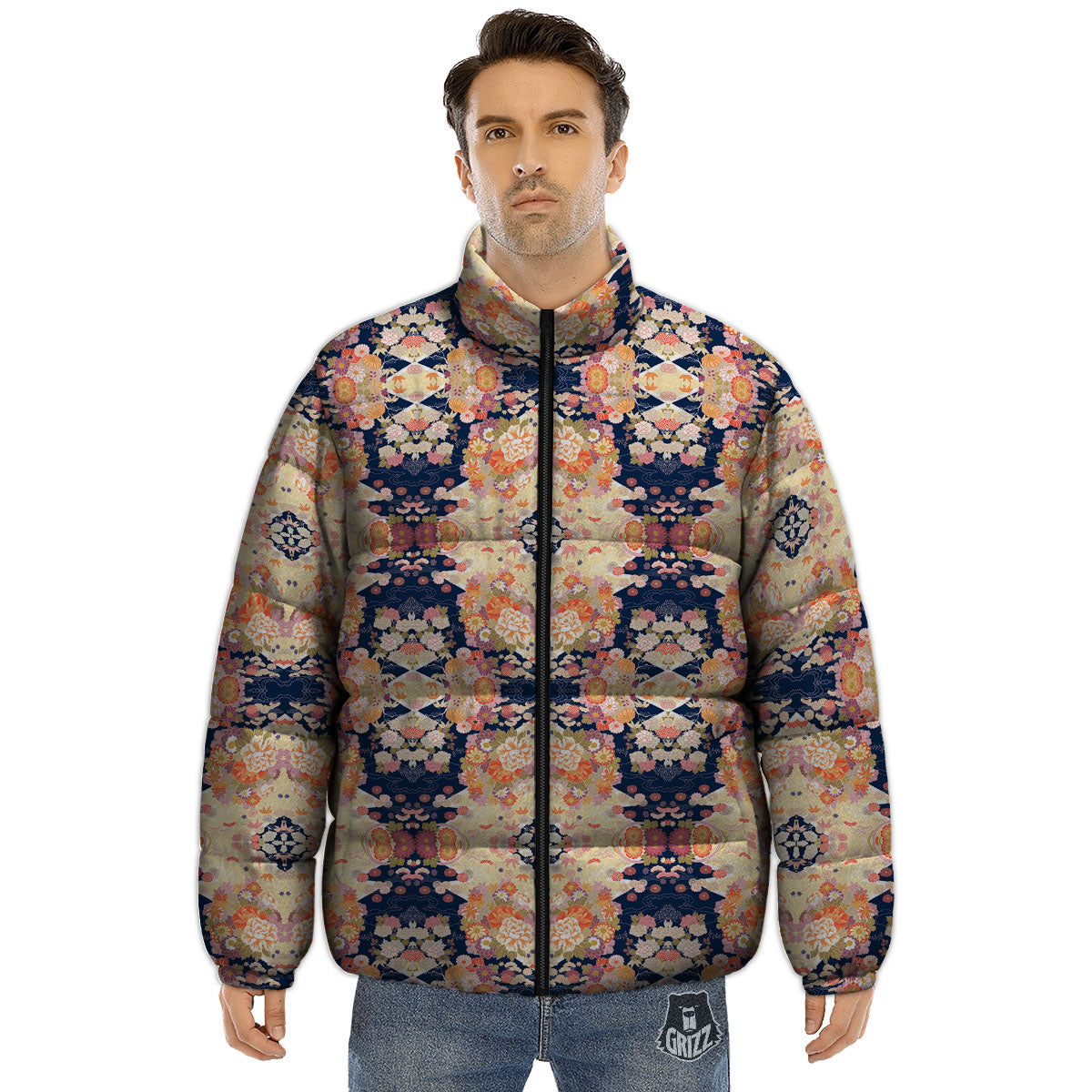 Kimono Japanese Print Pattern Puffer Jacket-grizzshop