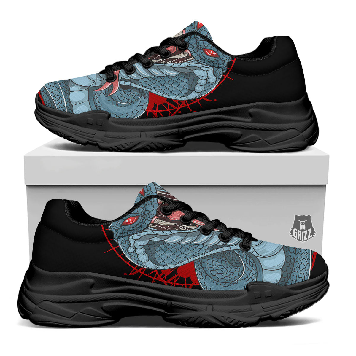King Cobra Body Blue Print Black Chunky Shoes-grizzshop