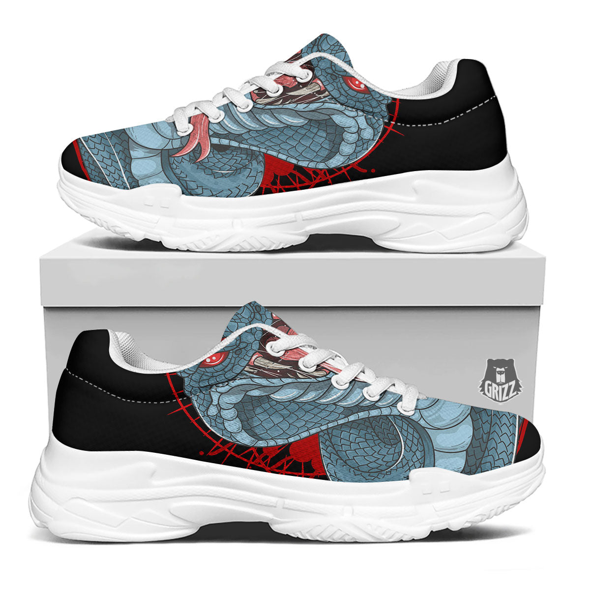 King Cobra Body Blue Print White Chunky Shoes-grizzshop