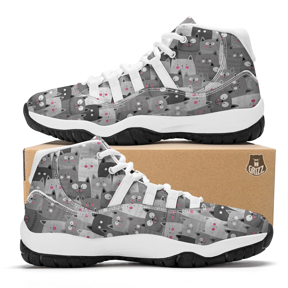 Kitten Cat Pattern Print White Bball Shoes-grizzshop