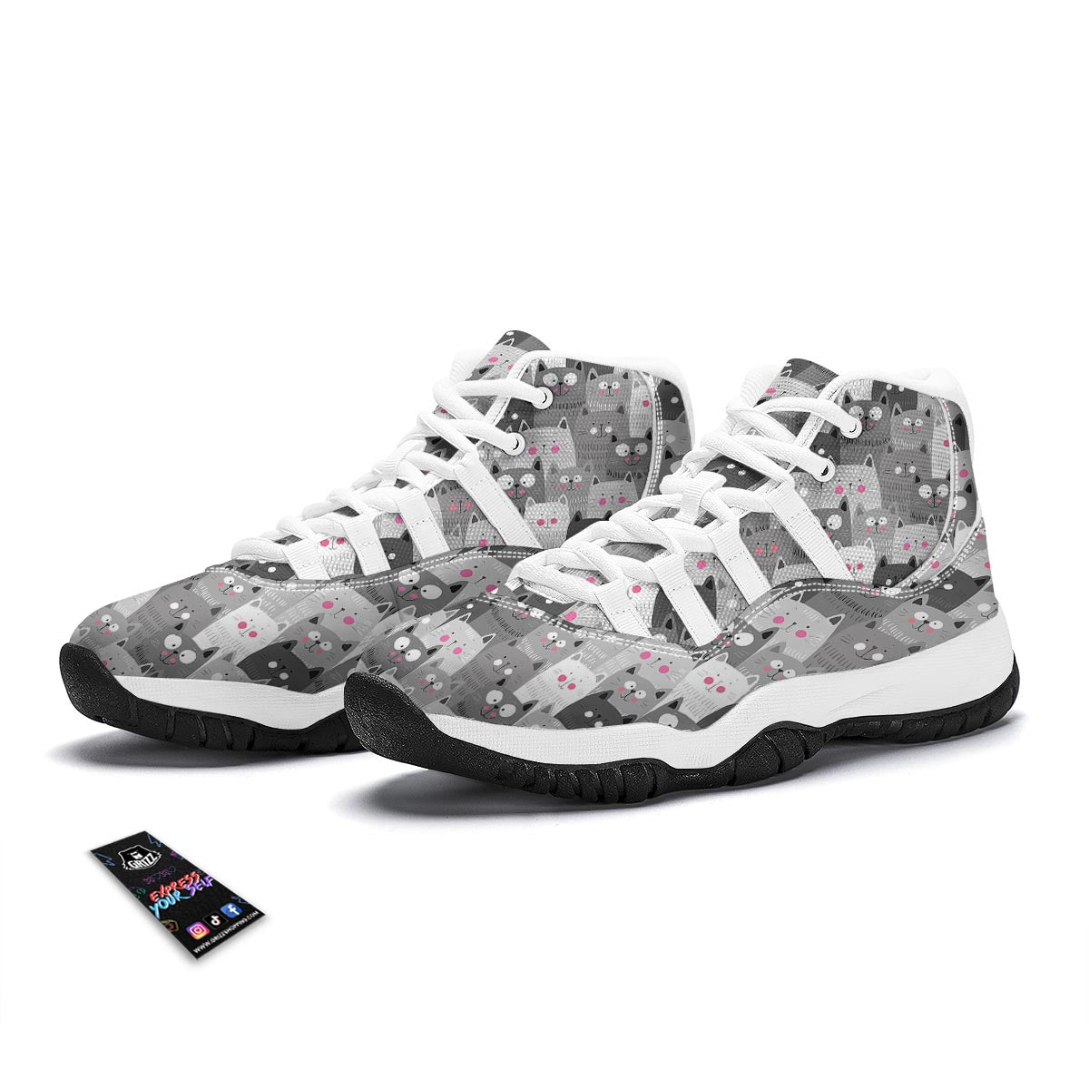 Kitten Cat Pattern Print White Bball Shoes-grizzshop