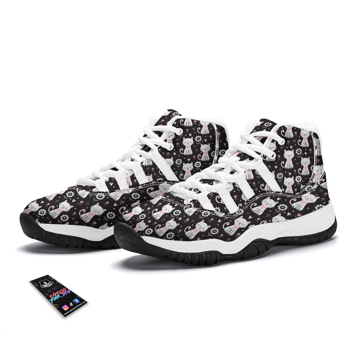 Kitten Floral Cat Pattern Print White Bball Shoes-grizzshop