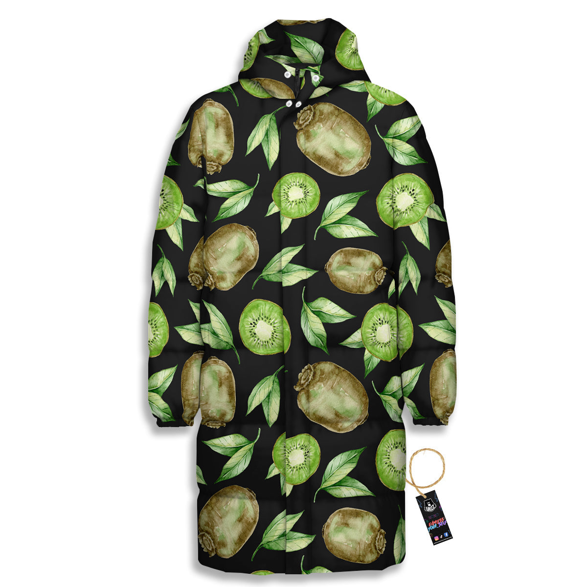 Kiwi Watercolor Print Pattern Long Down Jacket-grizzshop