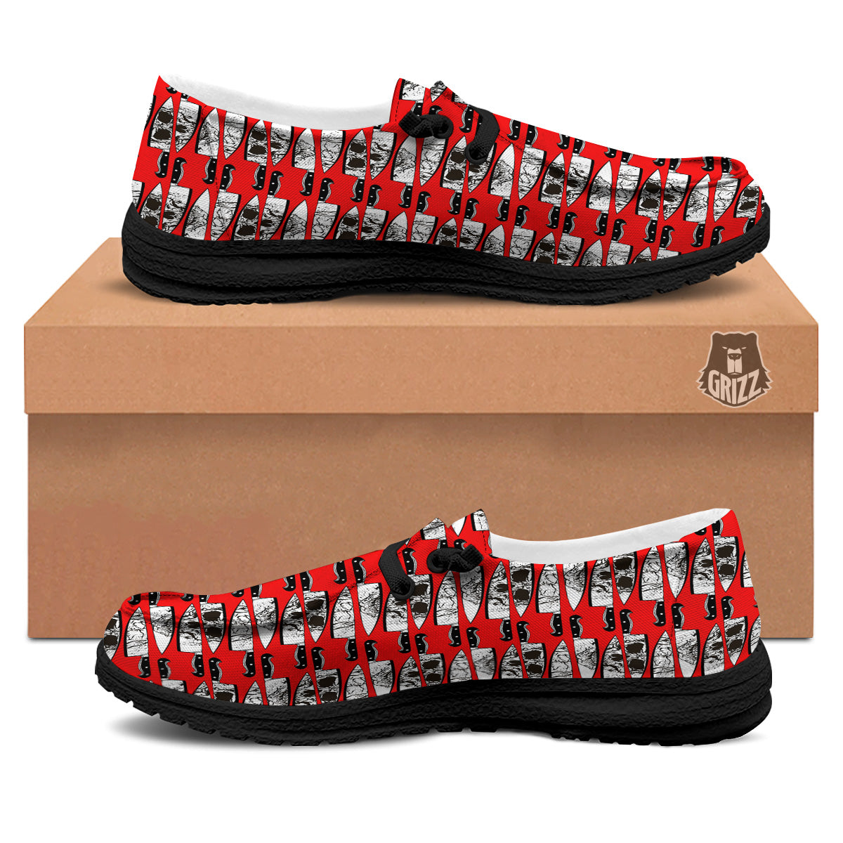 Knife And Skull Red Print Pattern Black Loafers-grizzshop