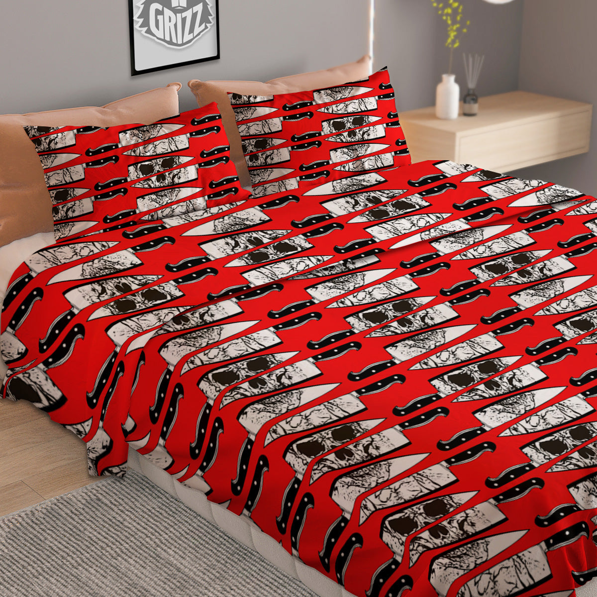Knife And Skull Red Print Pattern Duvet Cover Bedding Set