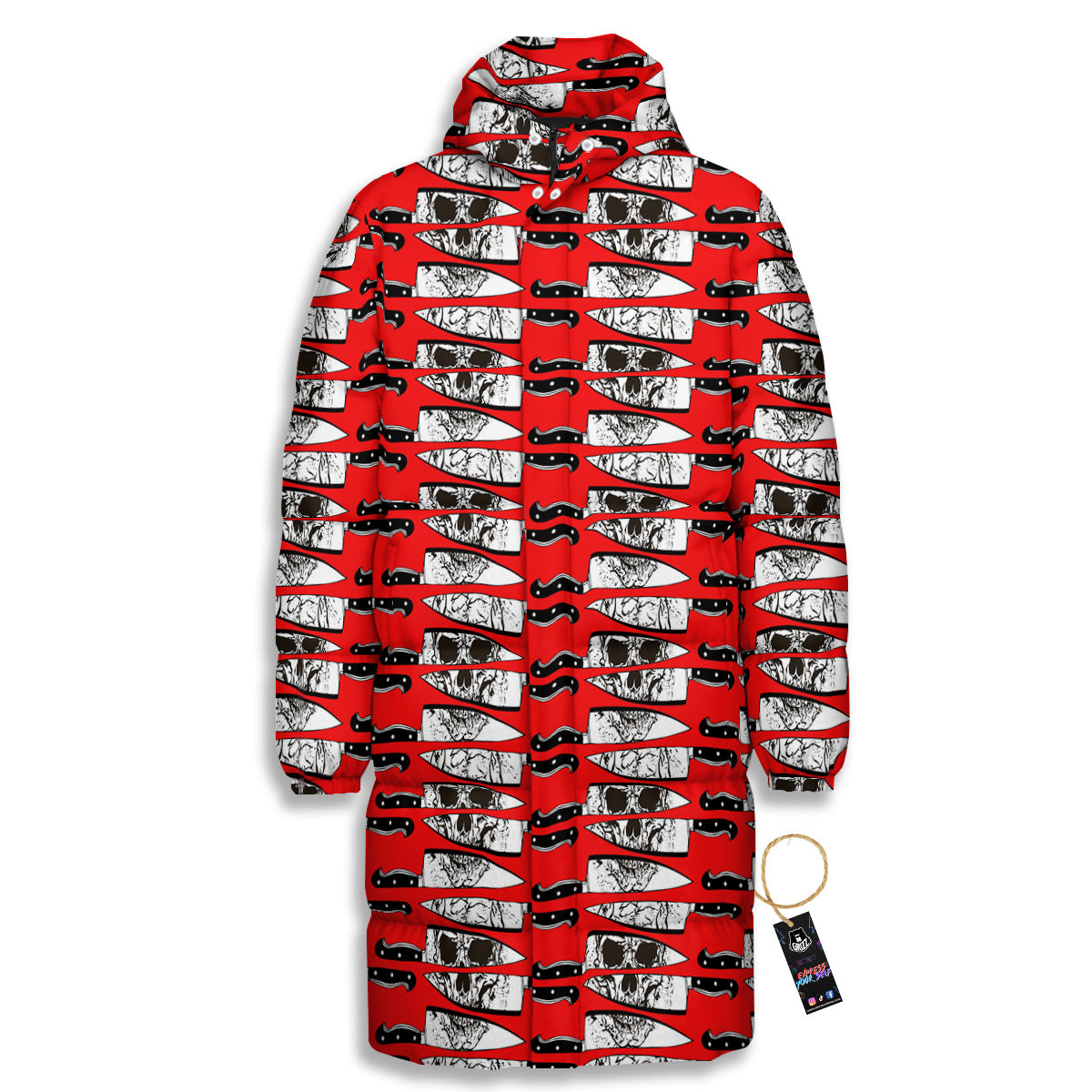 Knife And Skull Red Print Pattern Long Down Jacket-grizzshop