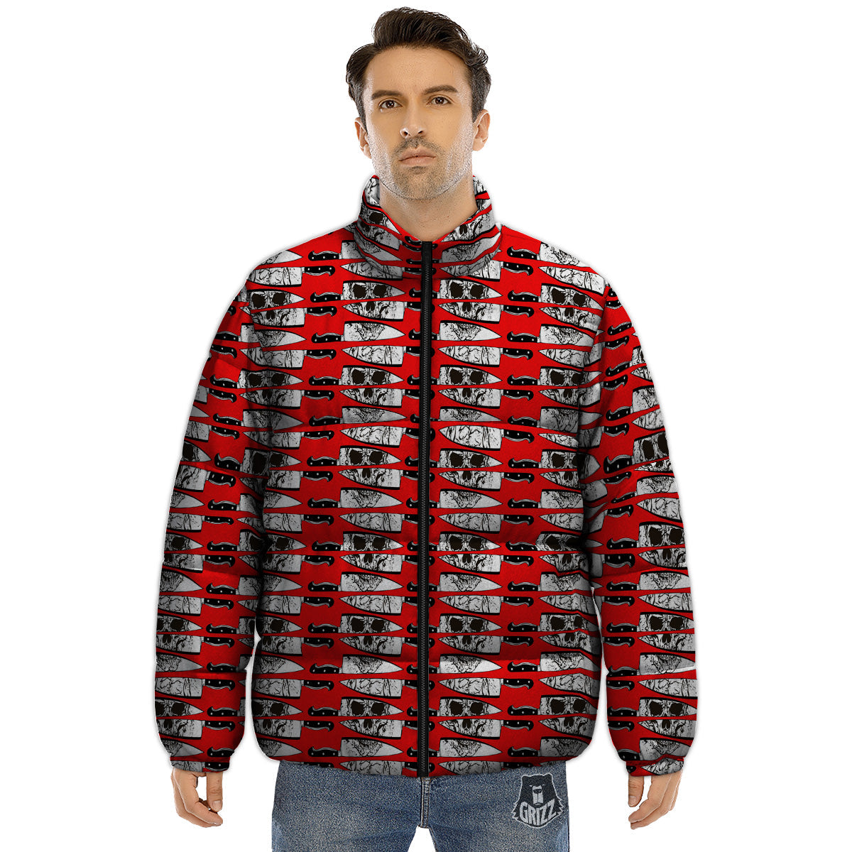 Knife And Skull Red Print Pattern Puffer Jacket-grizzshop
