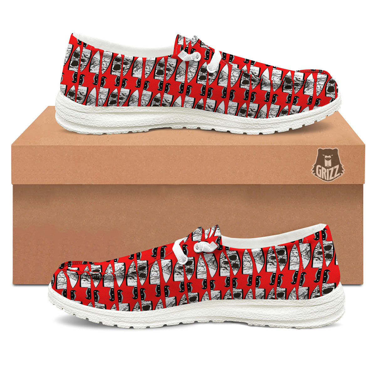 Knife And Skull Red Print Pattern White Loafers-grizzshop