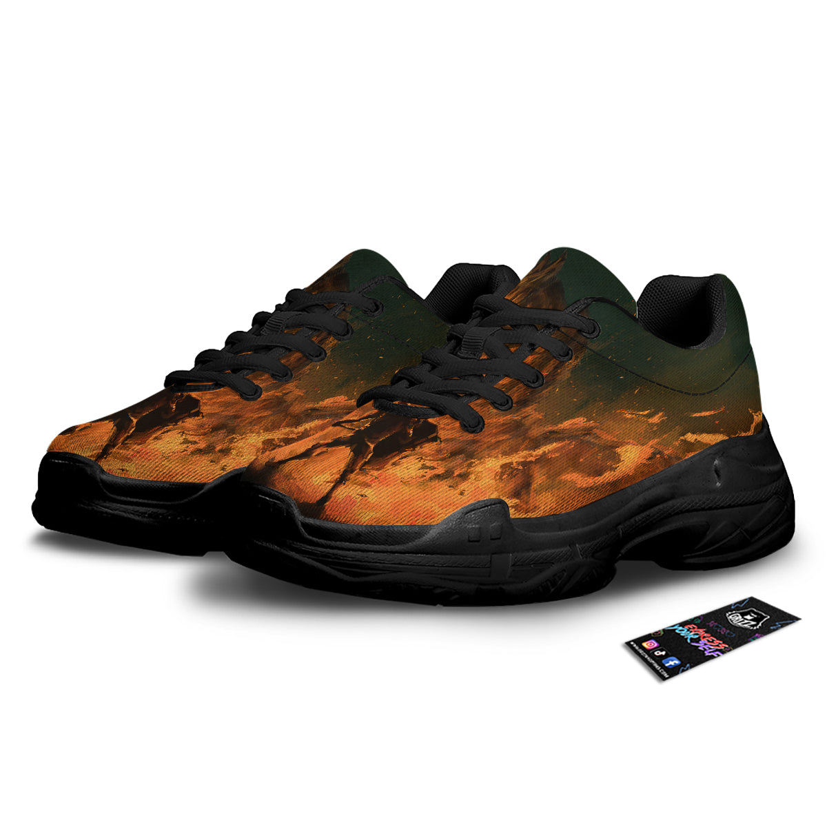 Knight Fight With Dragon Print Black Chunky Shoes-grizzshop