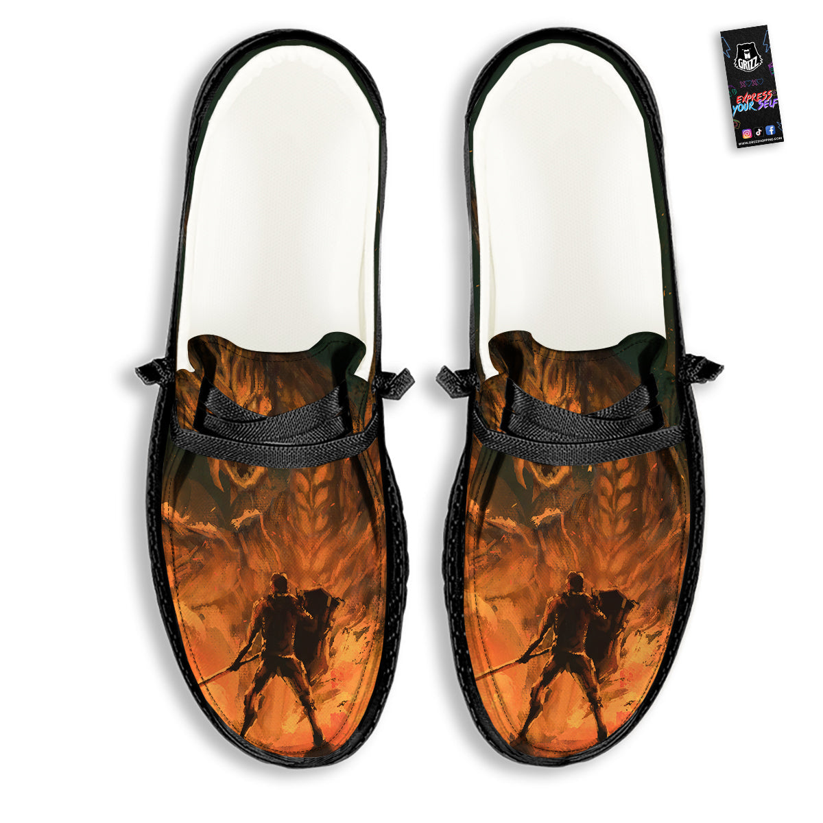 Knight Fight With Dragon Print Black Loafers-grizzshop