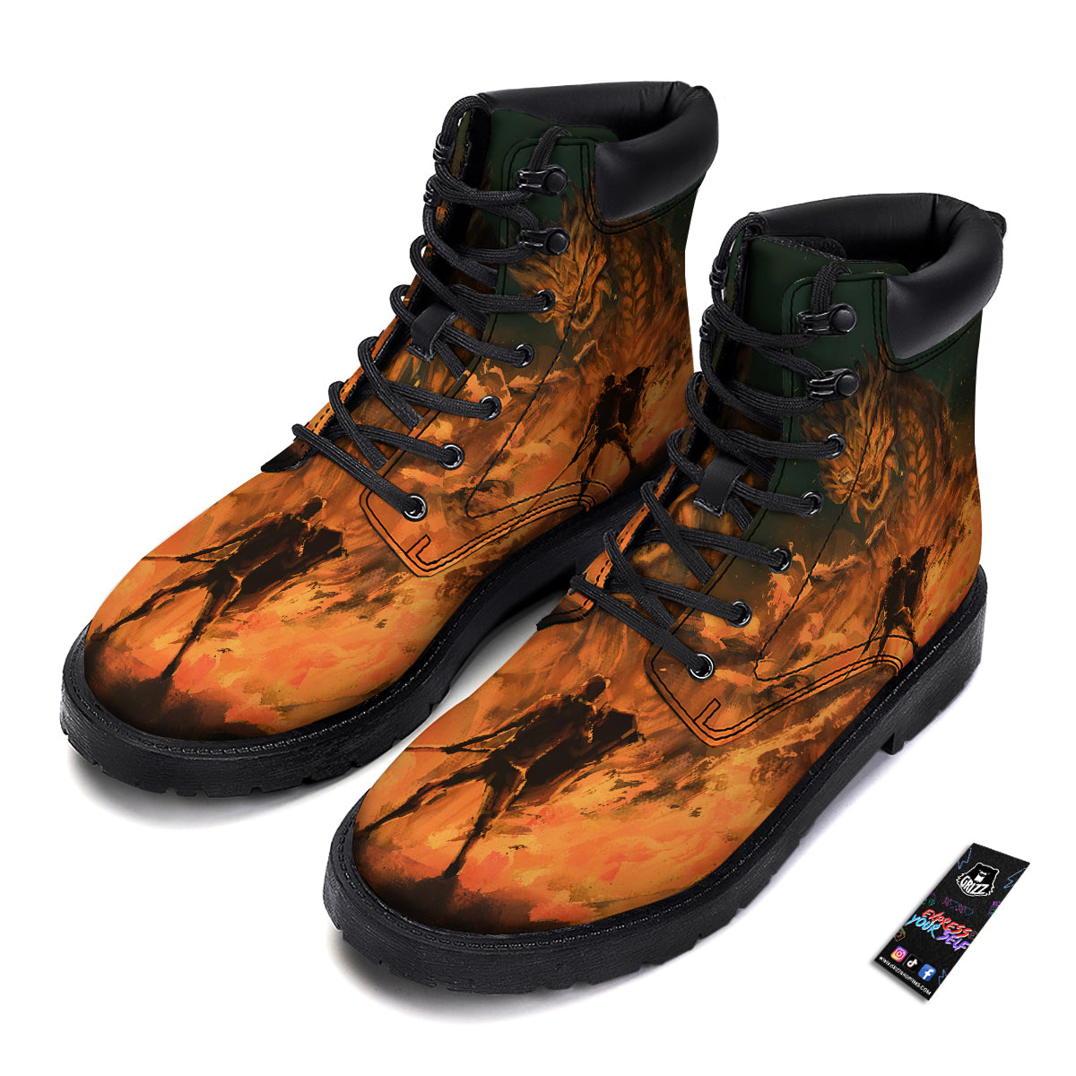 Knight Fight With Dragon Print Boots-grizzshop