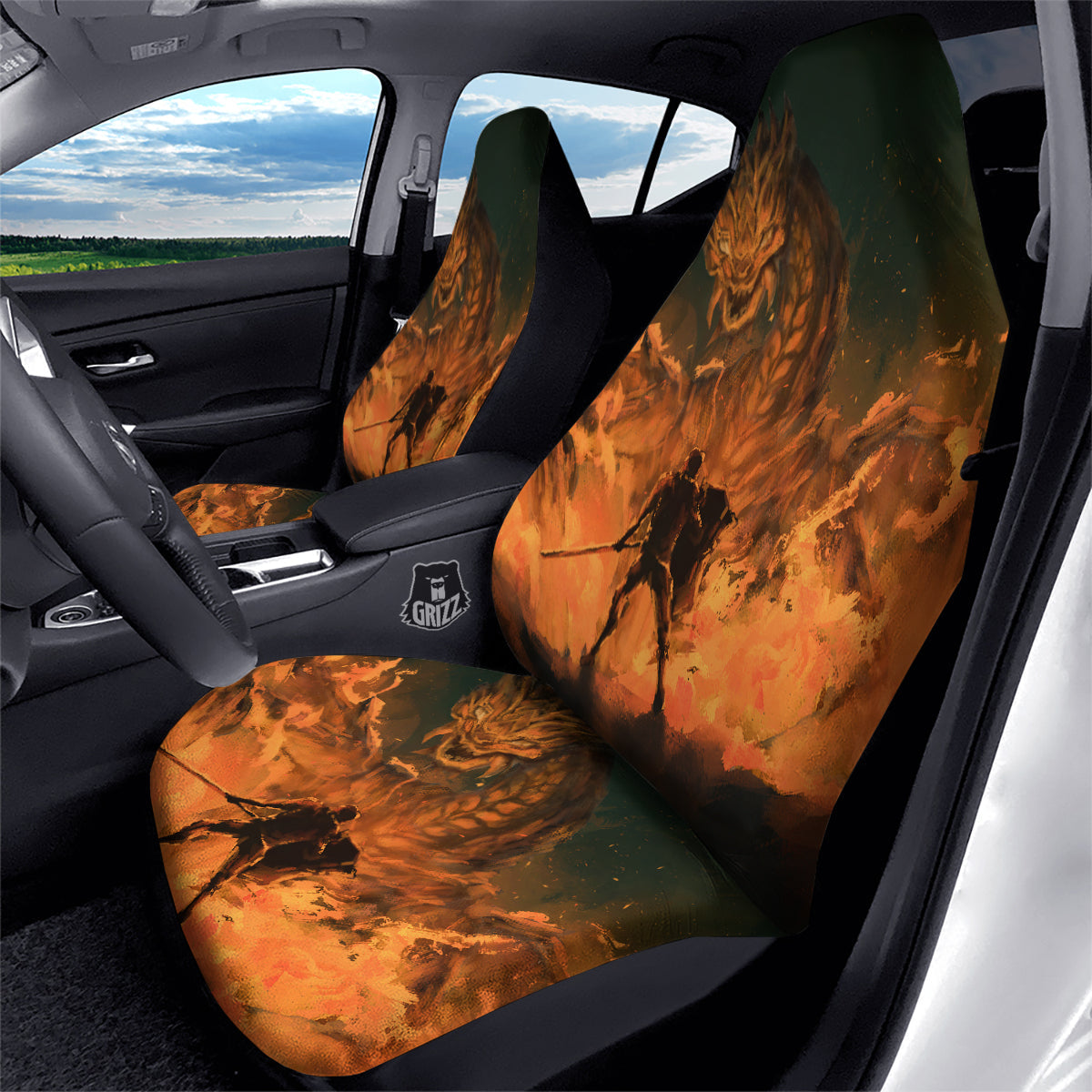 Knight Fight With Dragon Print Car Seat Covers-grizzshop