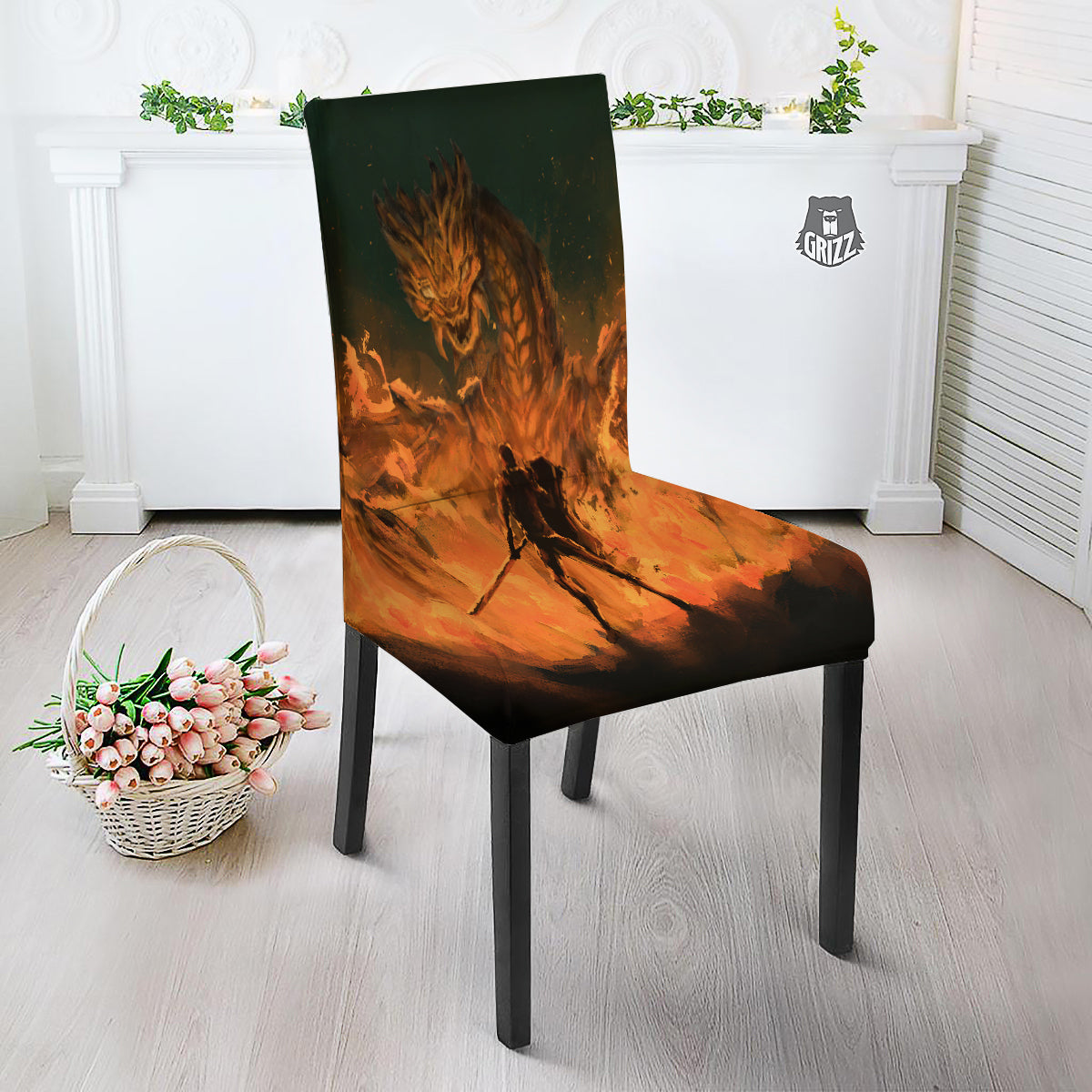 Knight Fight With Dragon Print Dining Chair Slipcover-grizzshop