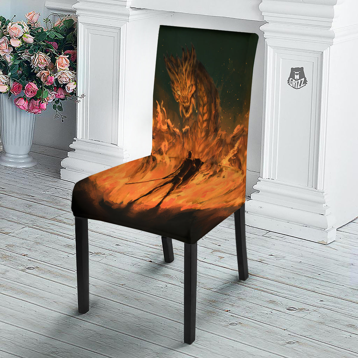 Knight Fight With Dragon Print Dining Chair Slipcover-grizzshop
