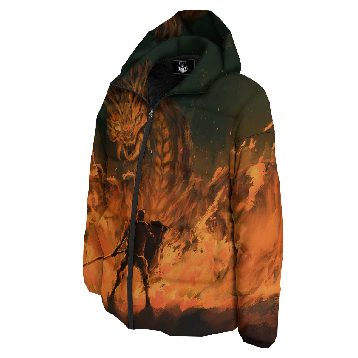 Knight Fight With Dragon Print Down Jacket-grizzshop