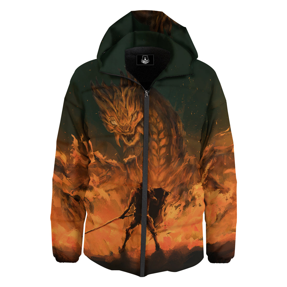 Knight Fight With Dragon Print Down Jacket-grizzshop