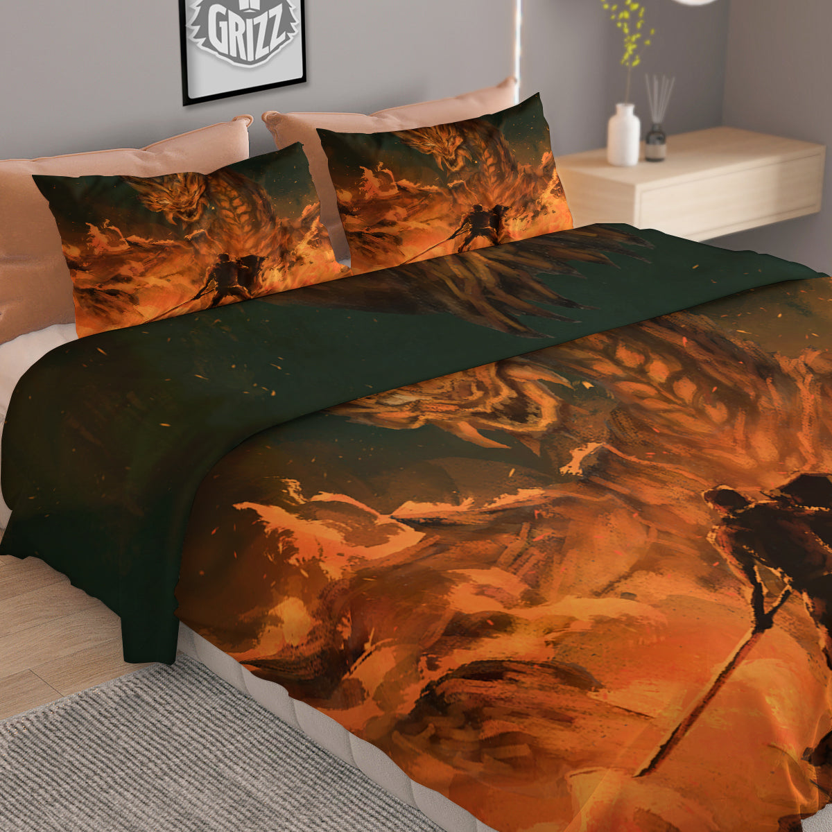 Knight Fight With Dragon Print Duvet Cover Bedding Set