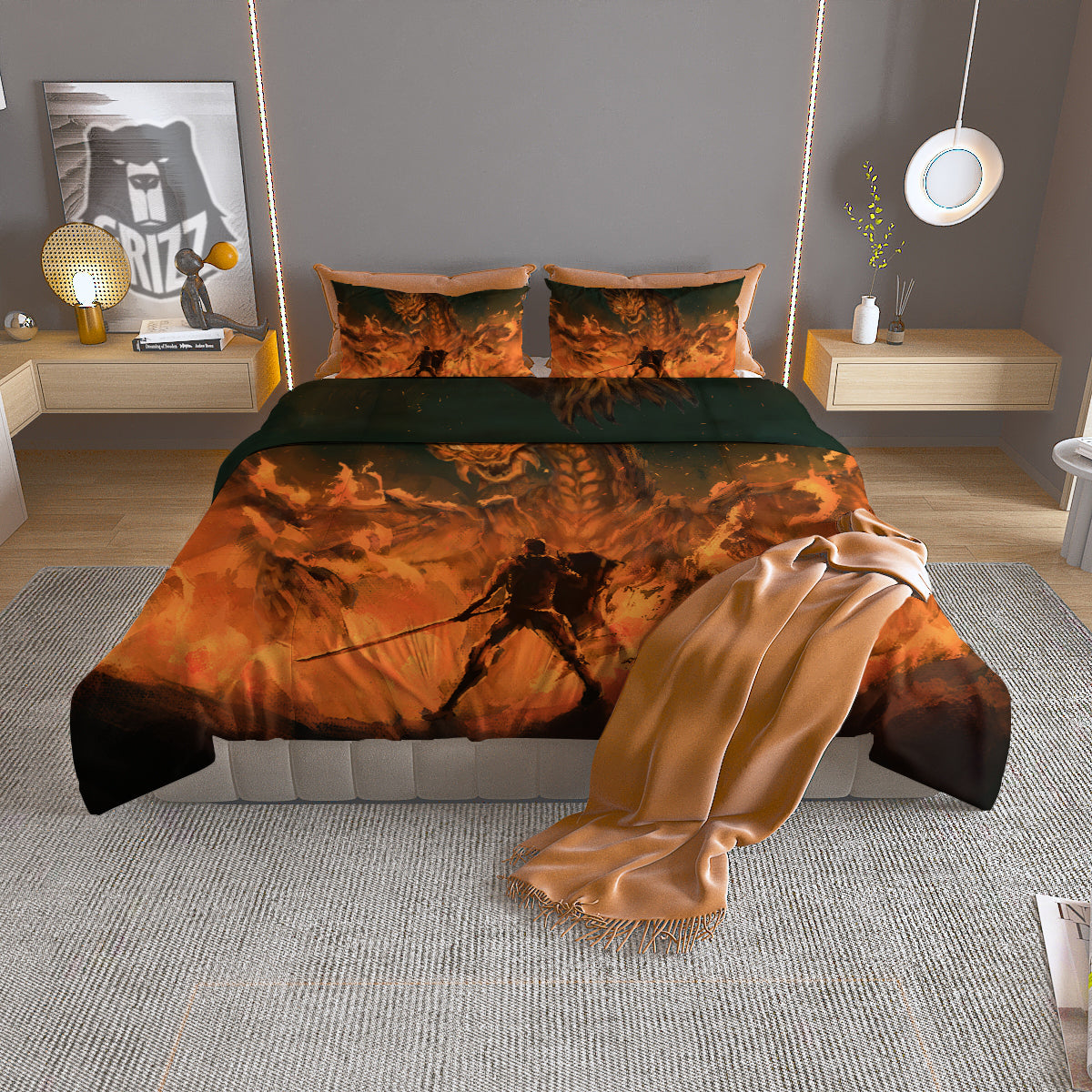 Knight Fight With Dragon Print Duvet Cover Bedding Set