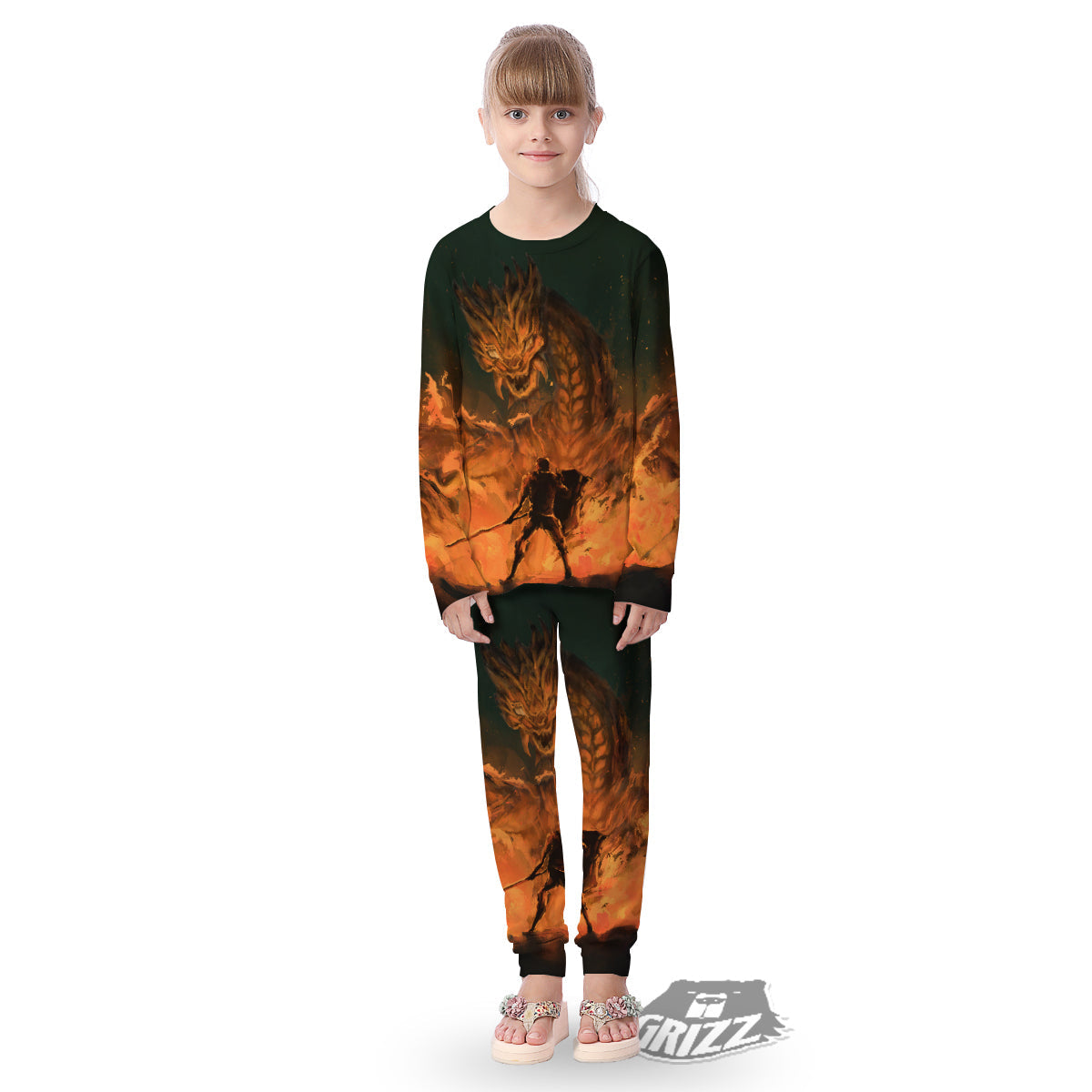 Knight Fight With Dragon Print Kid's Pajamas-grizzshop