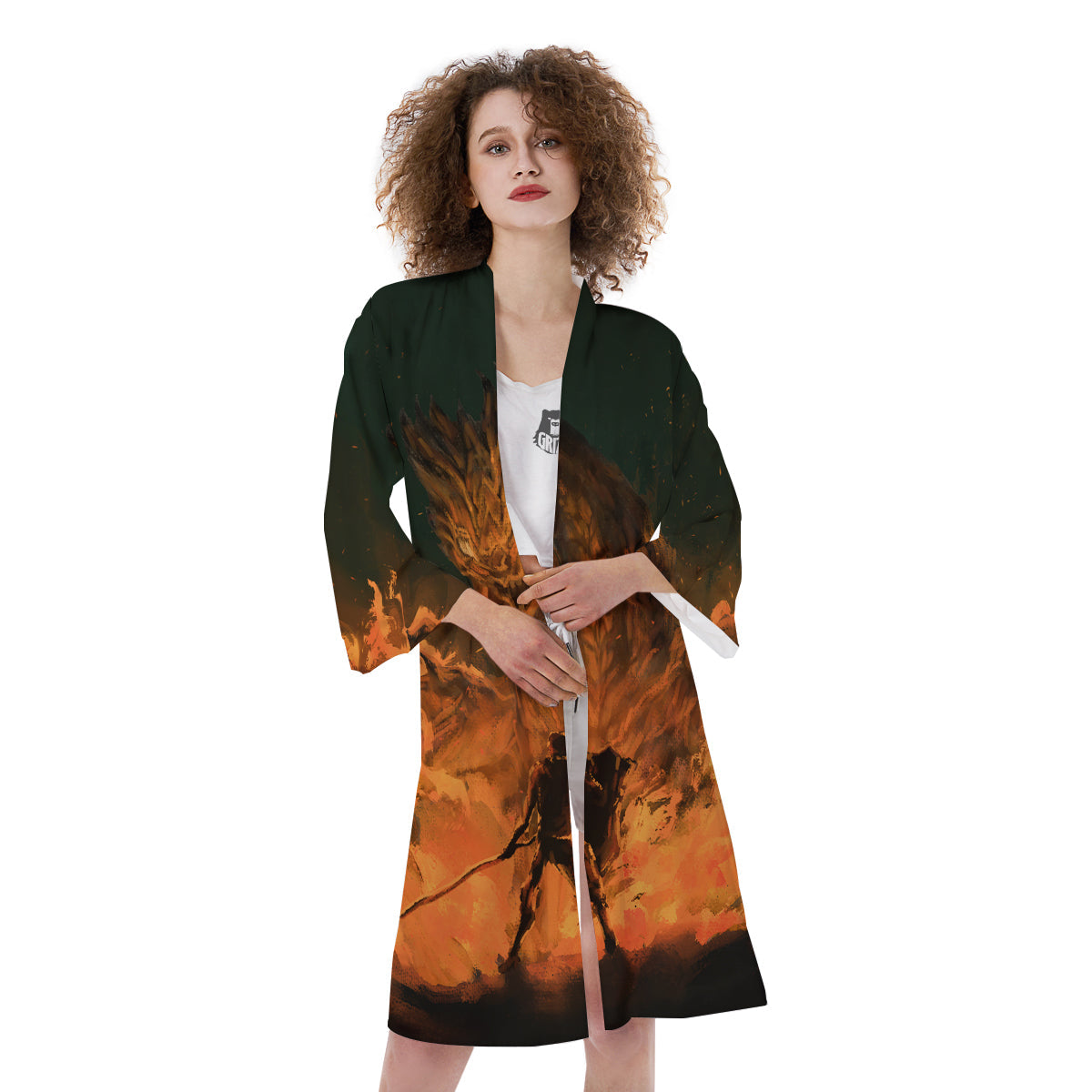 Knight Fight With Dragon Print Kimono-grizzshop