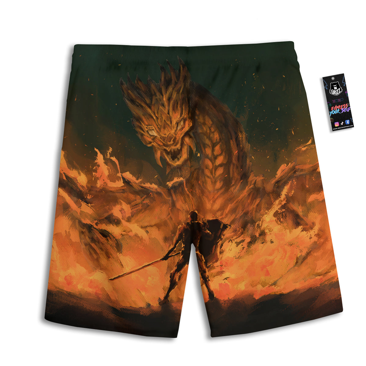 Knight Fight With Dragon Print Men's Athletic Shorts