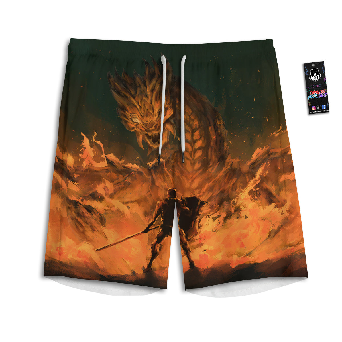 Knight Fight With Dragon Print Men's Athletic Shorts