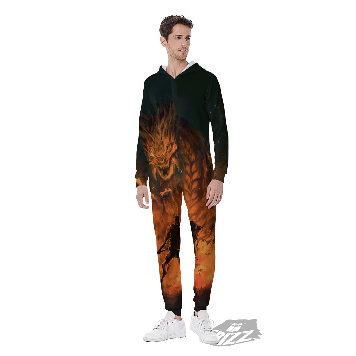 Knight Fight With Dragon Print Men's Jumpsuit-grizzshop