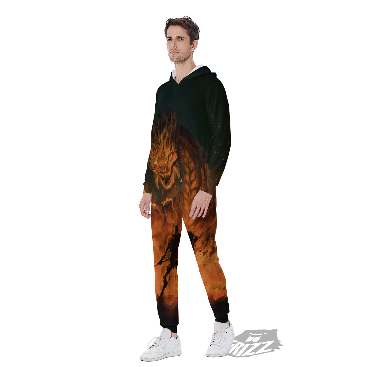 Knight Fight With Dragon Print Men's Jumpsuit-grizzshop