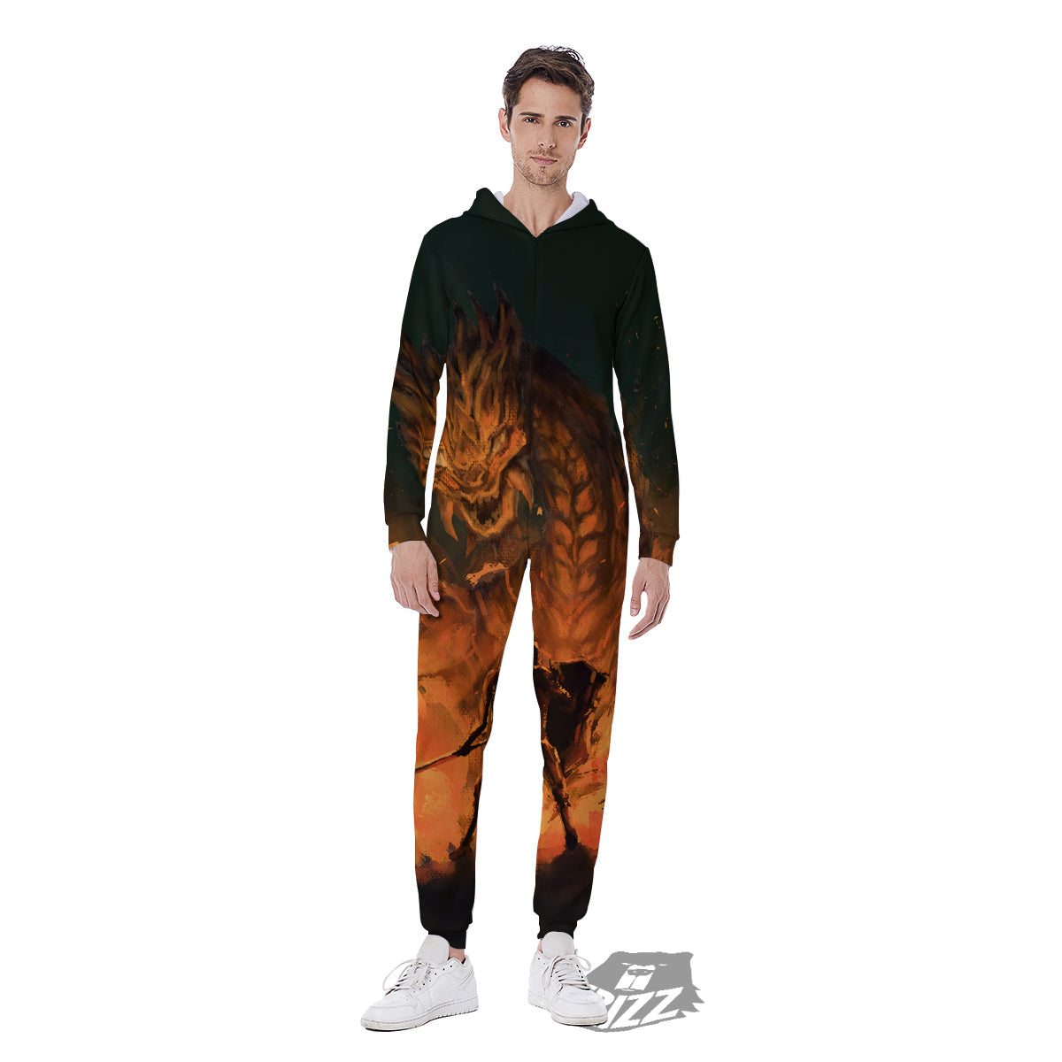 Knight Fight With Dragon Print Men's Jumpsuit-grizzshop