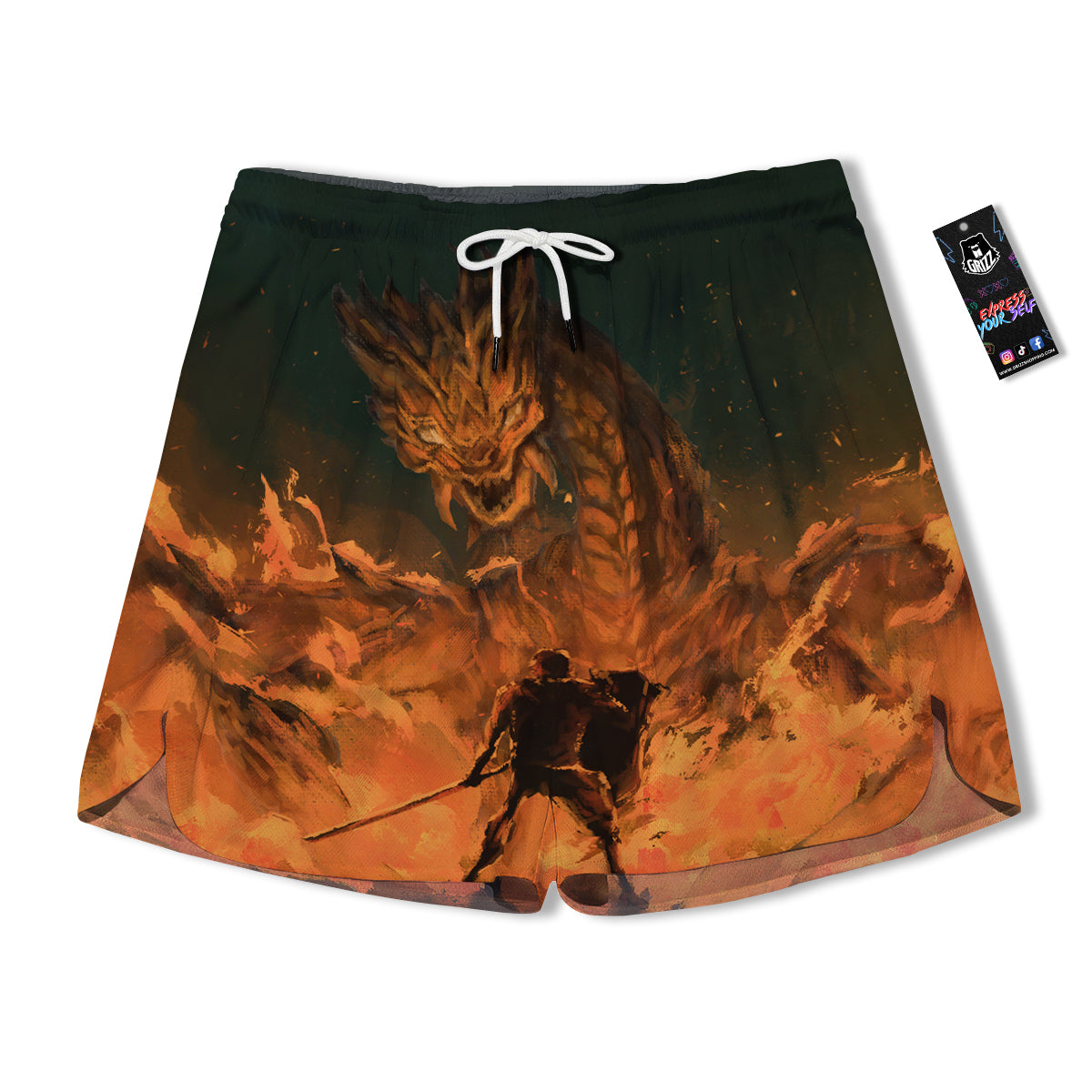 Knight Fight With Dragon Print Men's Running Shorts-grizzshop
