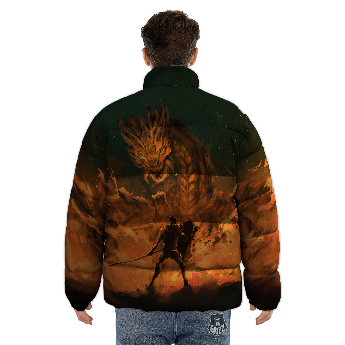 Knight Fight With Dragon Print Puffer Jacket-grizzshop