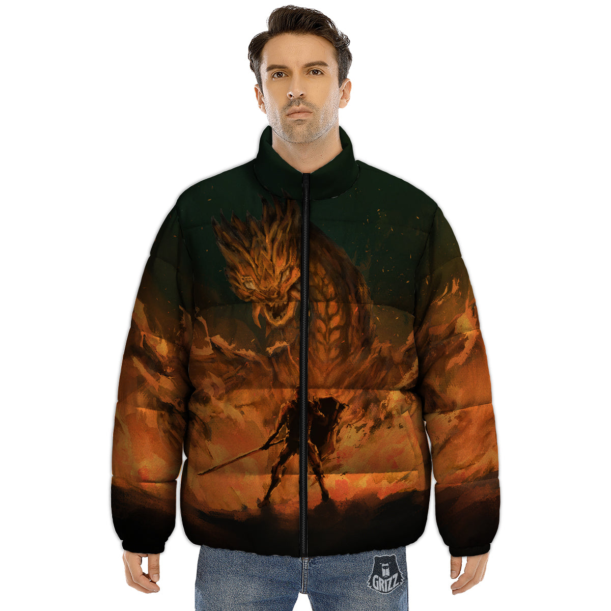 Knight Fight With Dragon Print Puffer Jacket-grizzshop