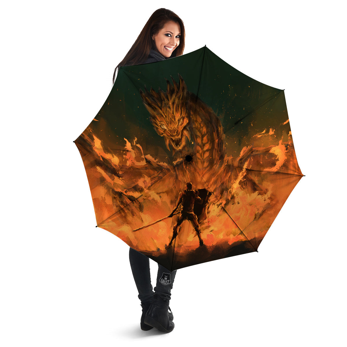 Knight Fight With Dragon Print Umbrella-grizzshop