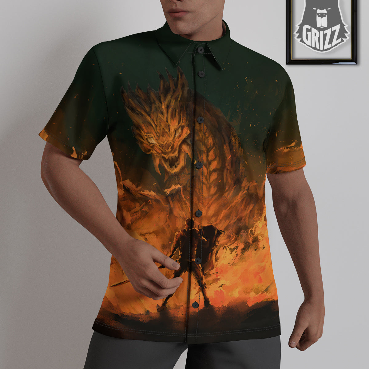 Knight Fight With Dragon Print Untucked Shirts-grizzshop