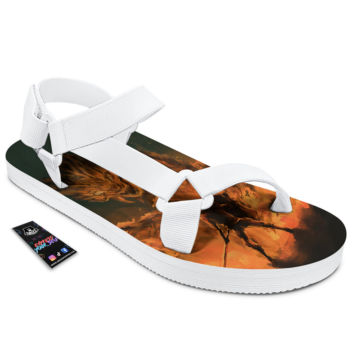 Knight Fight With Dragon Print White Open Toe Sandals-grizzshop
