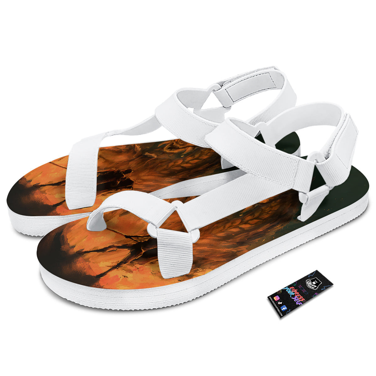 Knight Fight With Dragon Print White Open Toe Sandals-grizzshop
