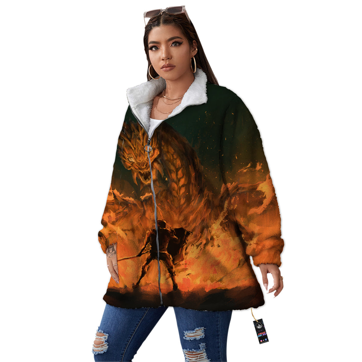 Knight Fight With Dragon Print Women's Sherpa Jacket-grizzshop