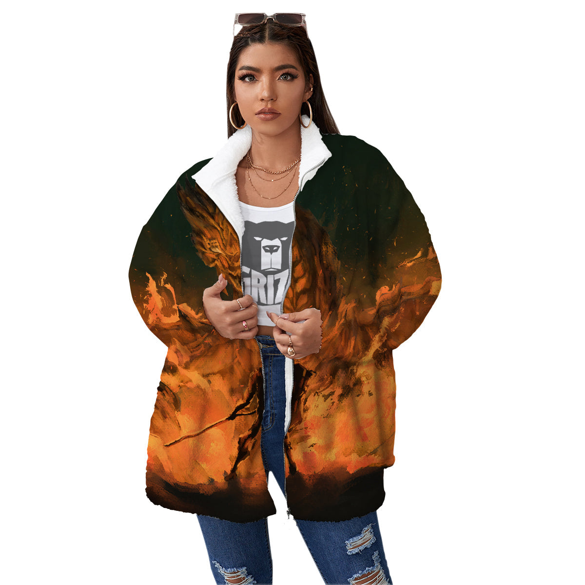 Knight Fight With Dragon Print Women's Sherpa Jacket-grizzshop