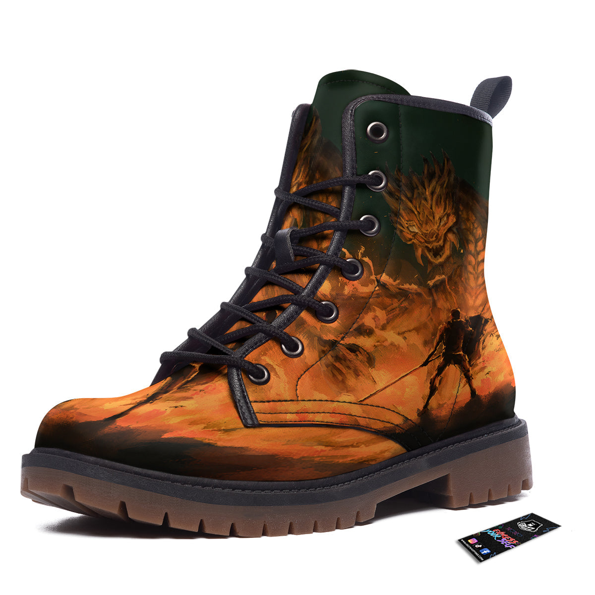 Knight Fight With Dragon Print Work Boots-grizzshop
