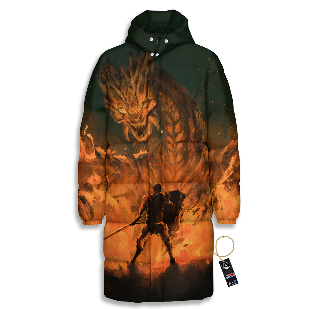Knight Fight With Dragon Print Long Down Jacket