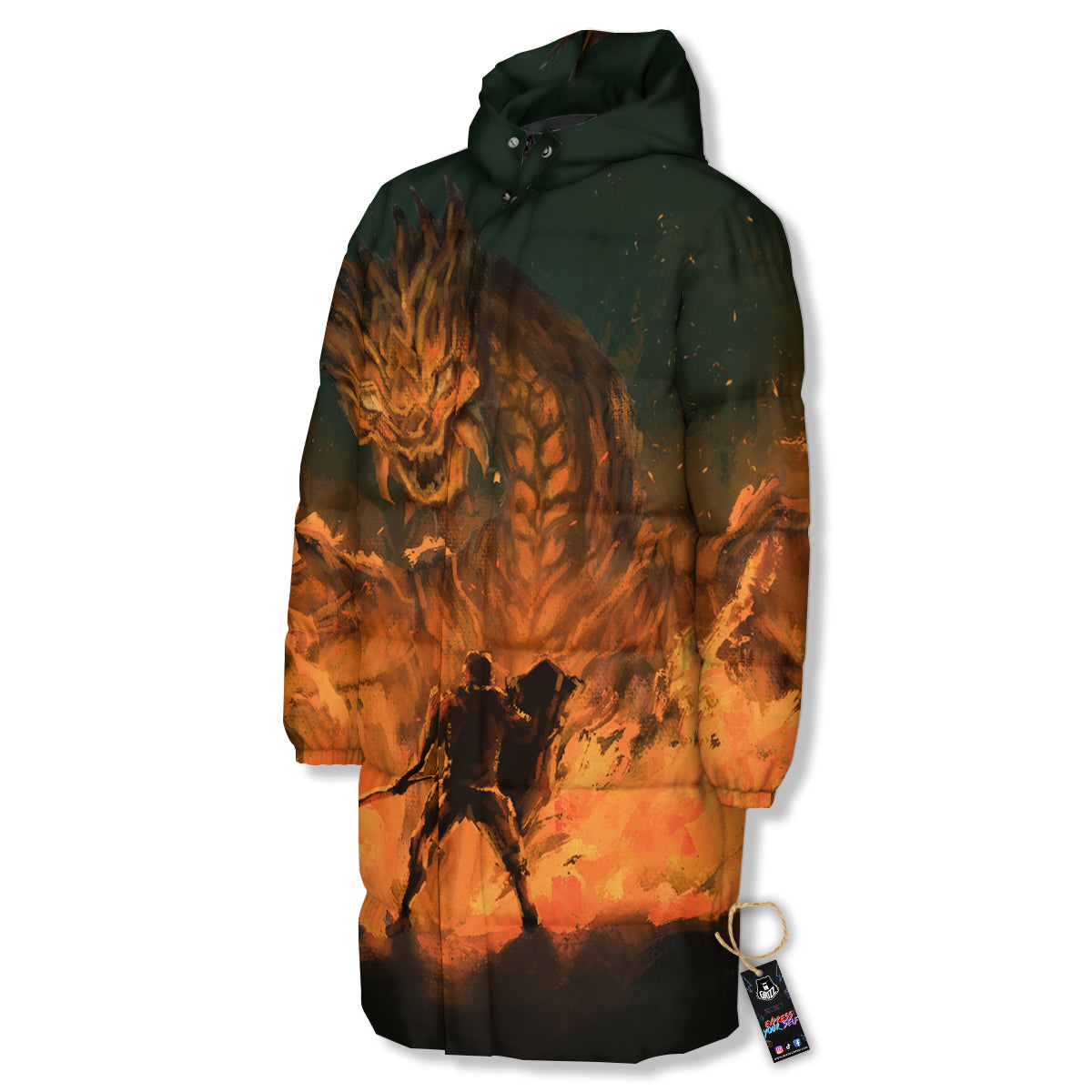 Knight Fight With Dragon Print Long Down Jacket