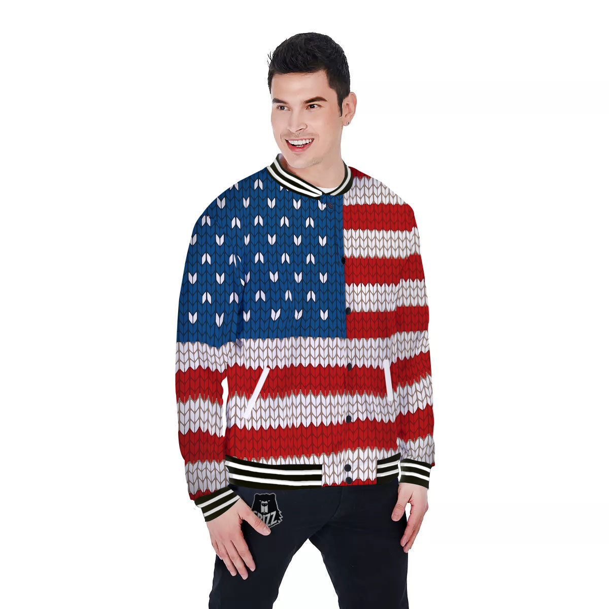 Knitted American Flag Print Baseball Jacket-grizzshop