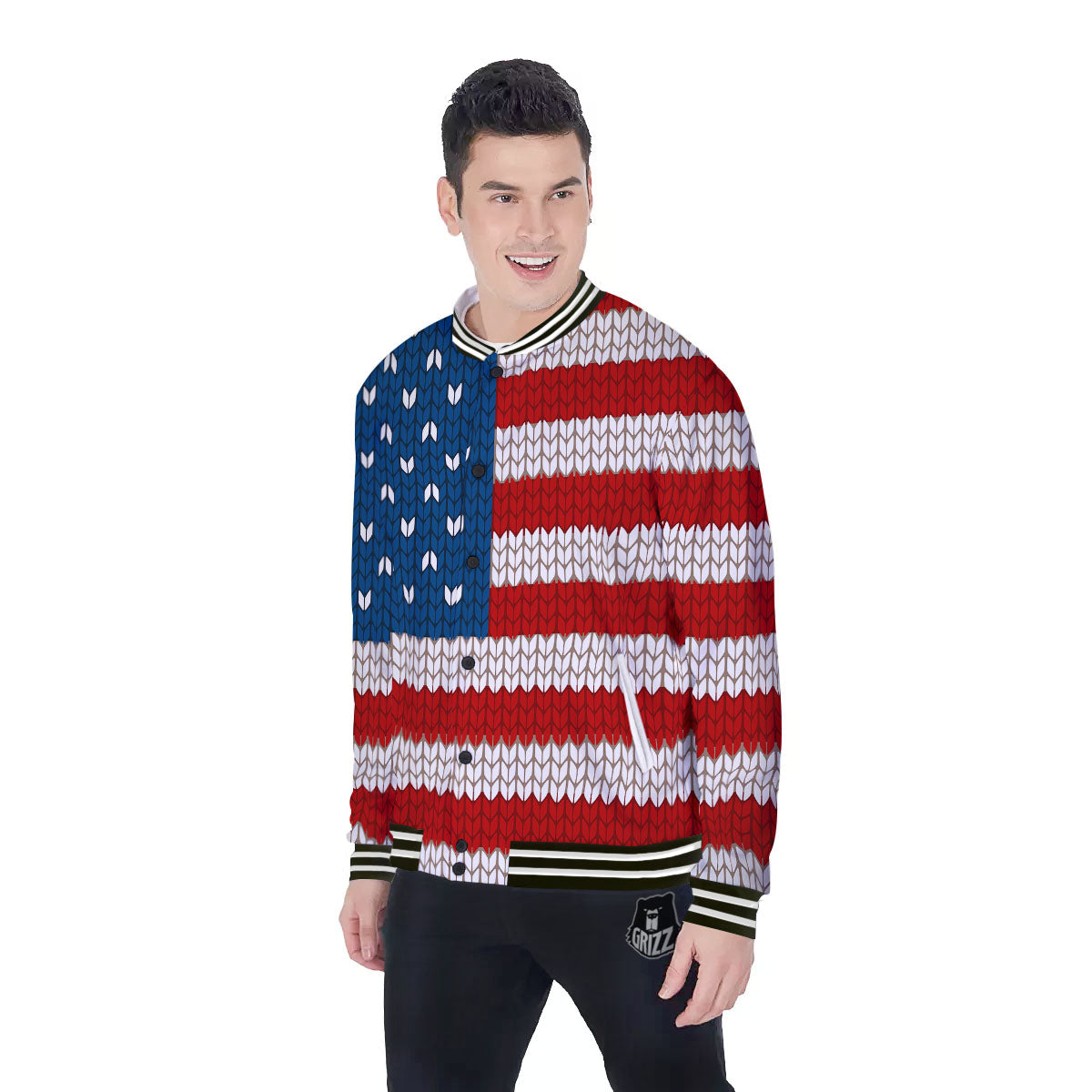 Knitted American Flag Print Baseball Jacket-grizzshop