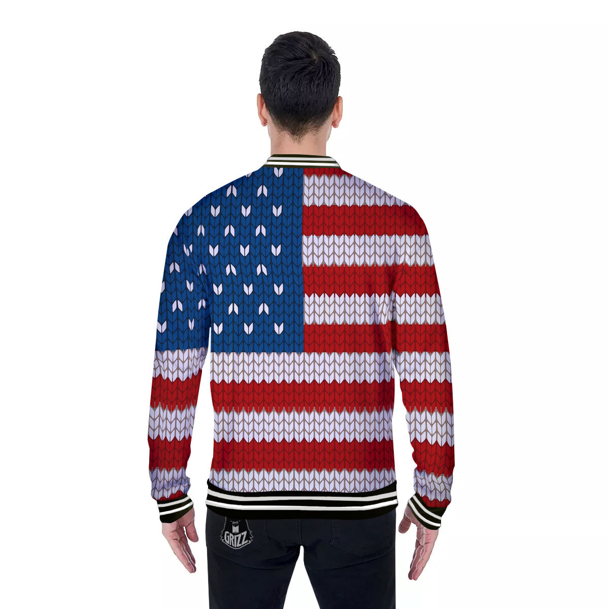 Knitted American Flag Print Baseball Jacket-grizzshop