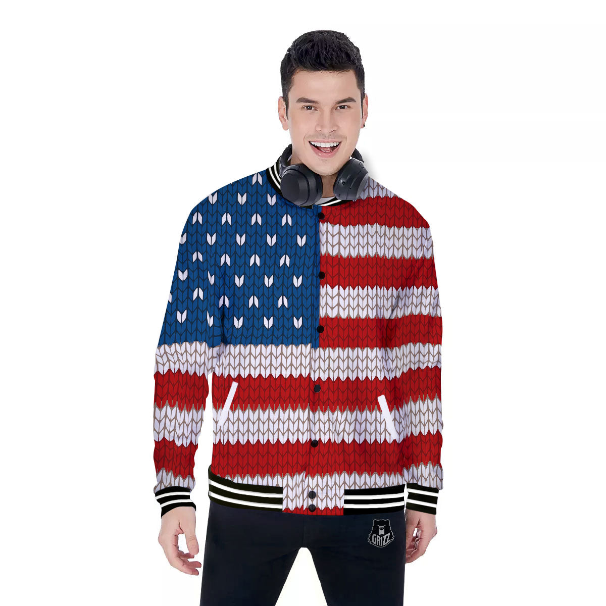 Knitted American Flag Print Baseball Jacket-grizzshop